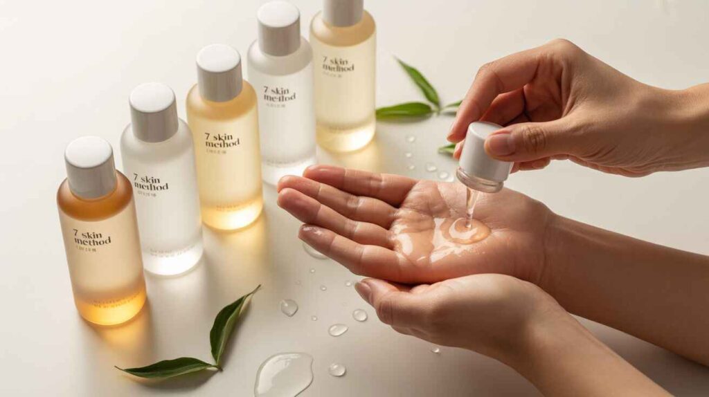 Visual representation of the 7 skin method showing multiple layers of toner and essence applied for hydration, promoting plump, glowing skin in a Korean skincare routine.