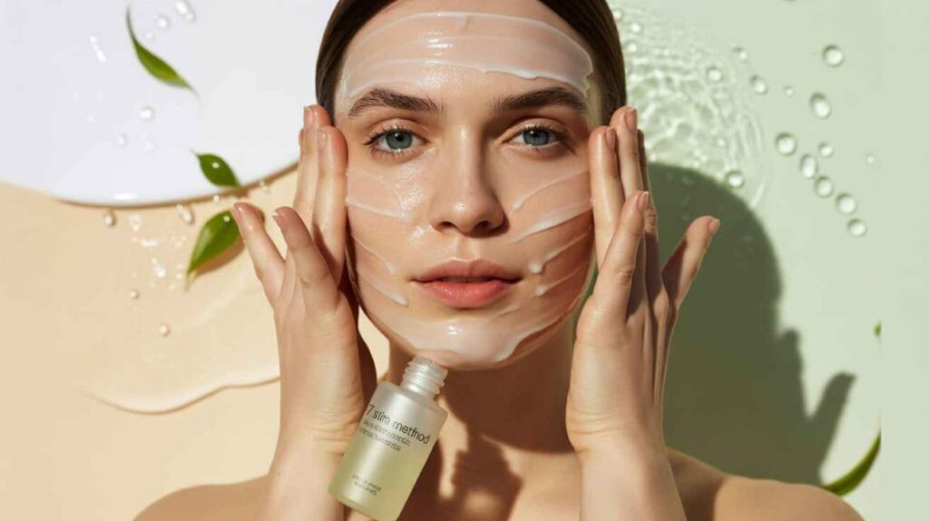 Person applying hydrating toner in multiple layers as part of the 7 skin method, showing step-by-step patting technique with moisturizer nearby for dewy, plump skin.