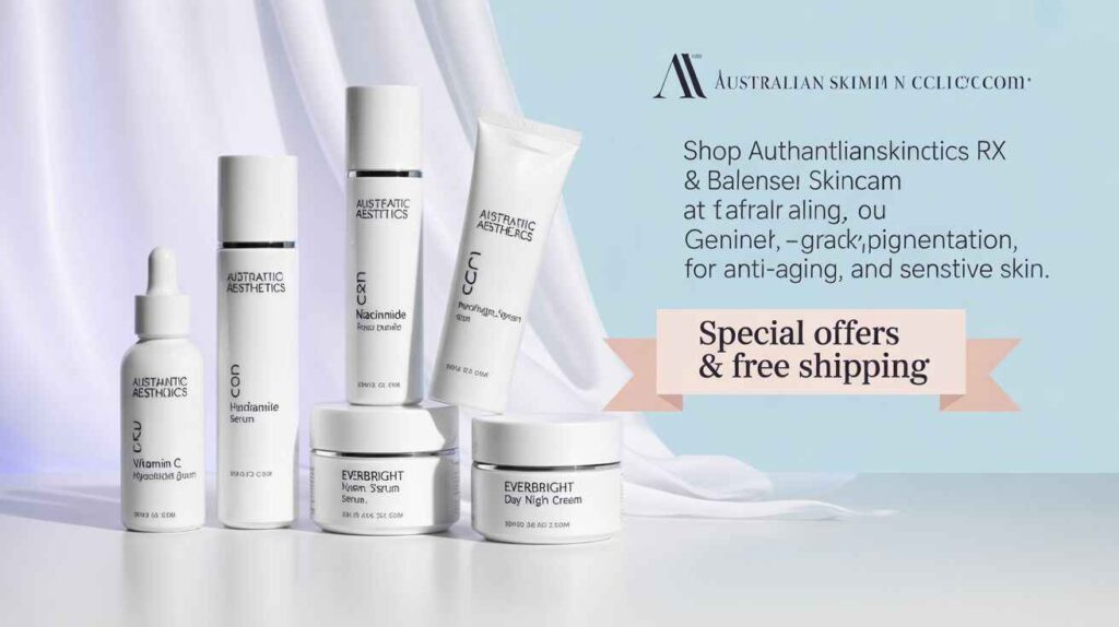 Premium Aesthetics Rx and Balense skincare products including Vitamin C serum, Niacinamide serum, Hydrating Day Serum, and Everbright Day & Night Cream — available at australianskinclinics.com.au with special offers and free shipping.
