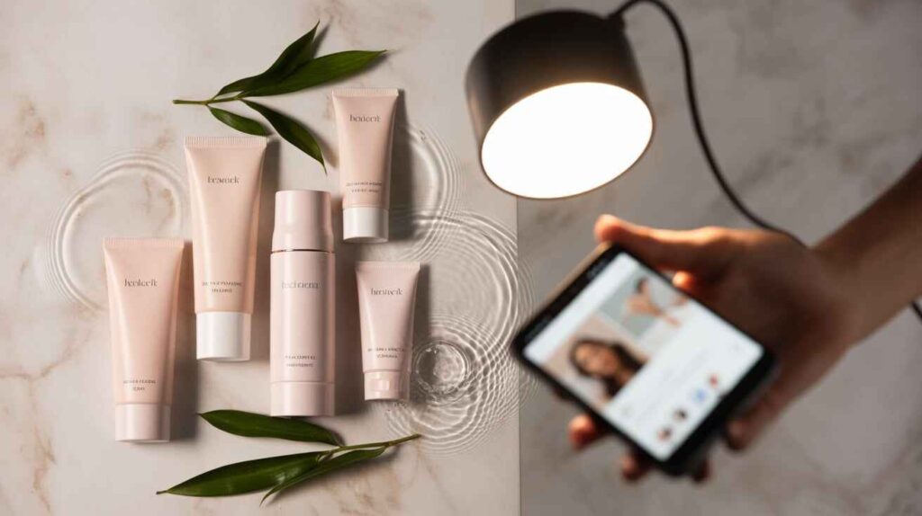 Creative skincare advertising agency team planning campaigns with product photography, influencer marketing, and digital growth strategies.