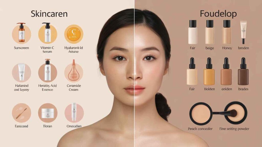 Infographic showing dermatologist-approved skincare and makeup tips for Asian skin complexion, including sunscreen, vitamin C, hyaluronic acid, ceramide cream, foundation shades, concealer, and setting powder.