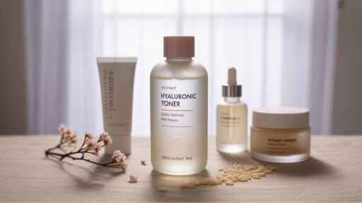 Flat lay of Asian skincare essentials including sunscreen, cleanser, vitamin C serum, hydrating toner, and moisturizer for radiant Asian skin complexion.