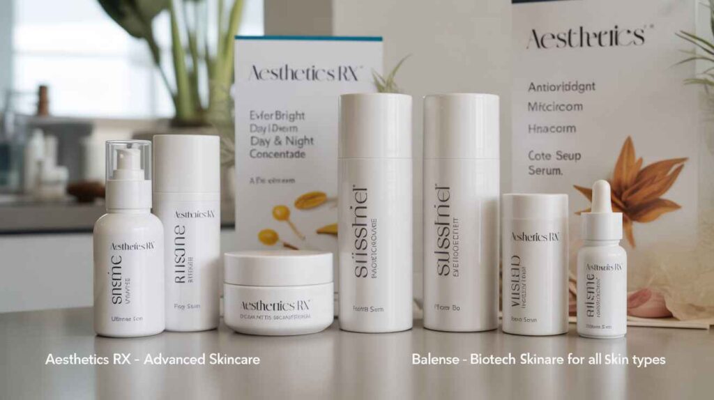 Display of Australian Skin Clinic skincare products including Aesthetics Rx Ultimate Serum, Everbright Day & Night Cream, Antioxidant Serum Concentrate, and Balense Hydrating Day Serum, Total Serum, Biofemage® Serum, highlighting advanced, biotech, and natural skincare solutions for sensitive and anti-aging skin.