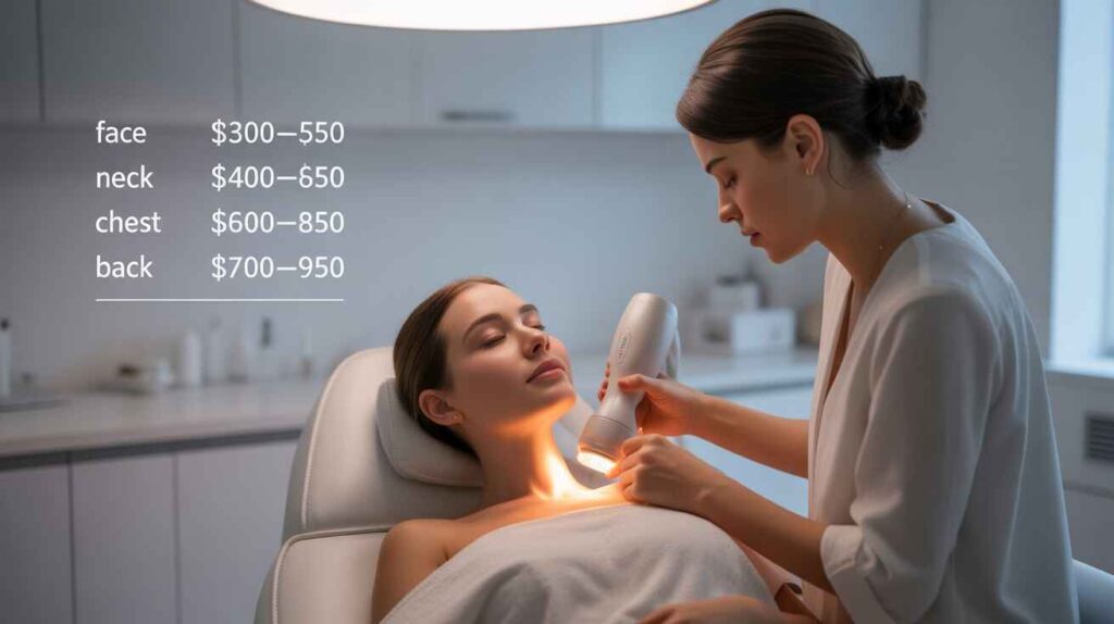 BBL skin treatment cost by body area showing price range for face, chest, neck, and back sessions