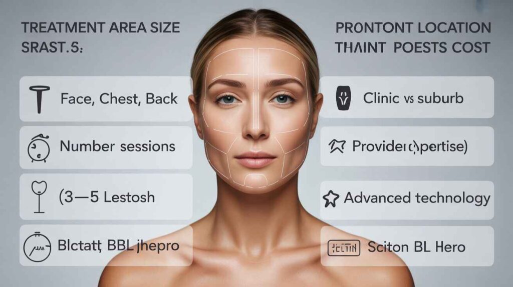 Factors affecting BBL skin treatment cost including treatment area size, number of sessions, clinic location, provider expertise, and Sciton BBL HERO technology