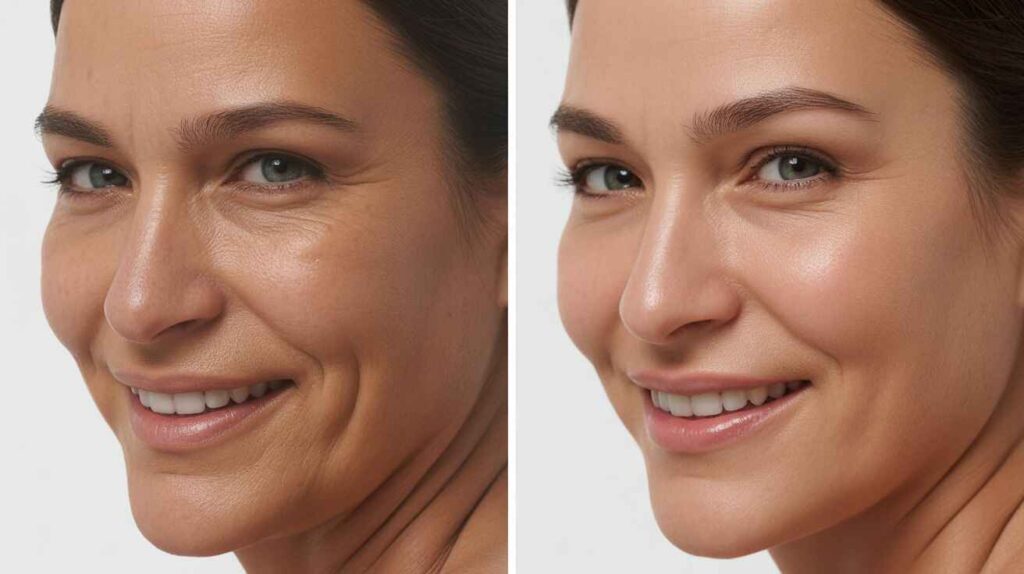 Before and after BBL skin treatment showing reduced sun damage, pigmentation, and fine lines with clearer youthful skin