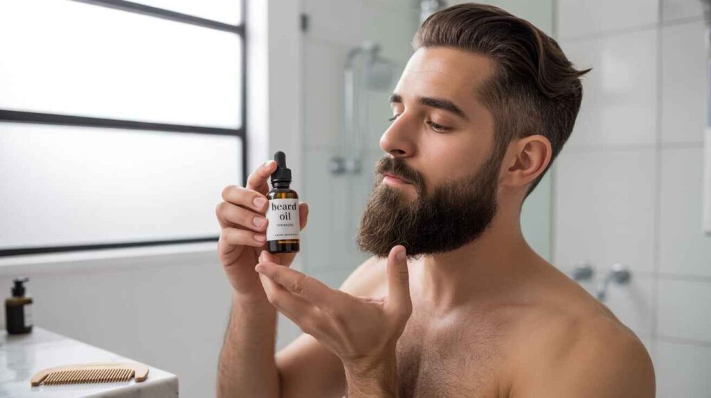 Man applying unscented beard oil after shower, massaging 3–5 drops into beard and skin for hydration, softness, and healthy growth.