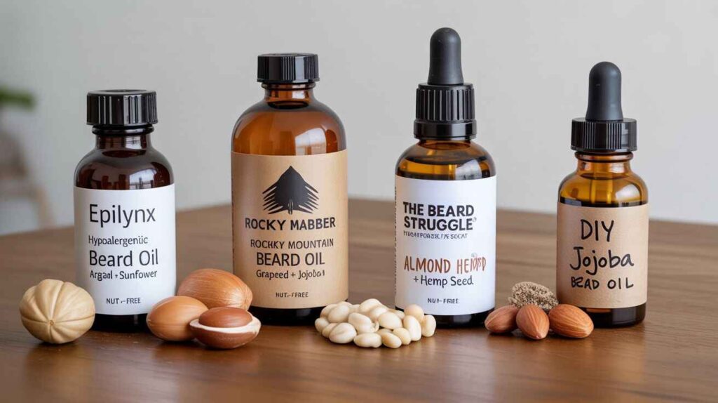 Collection of top beard oils for sensitive skin including EpiLynx Hypoallergenic Vegan, Rocky Mountain Unscented, The Beard Struggle Asgardian Secret, and DIY Jojoba Beard Oil with natural ingredients like argan, jojoba, sunflower, almond, and hemp seed.