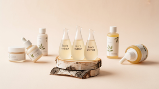 Modern skincare products with birch bark extract and birch sap on a clean pastel background, featuring creams, serums, and natural herbal accents.