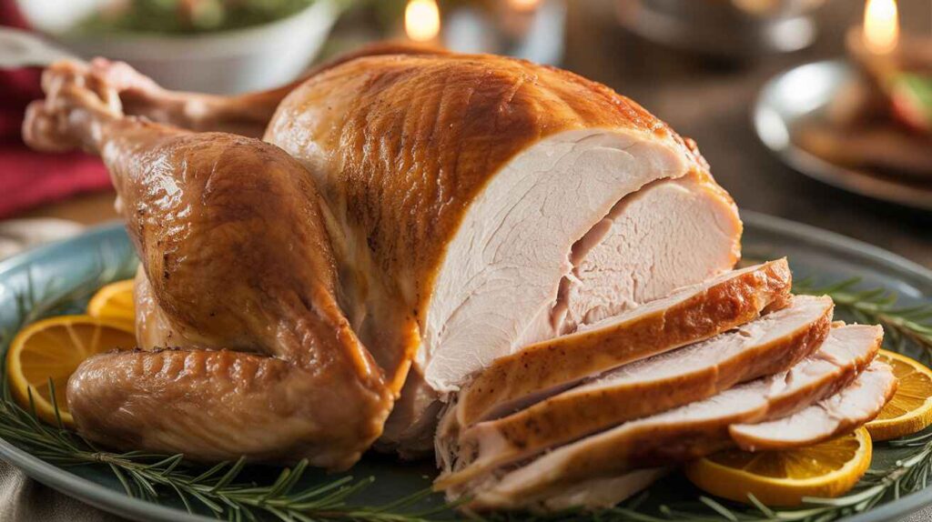 Roasted boneless skin-on turkey breast sliced into portions, golden and juicy, showing crispy skin and tender interior for home-cooked meals