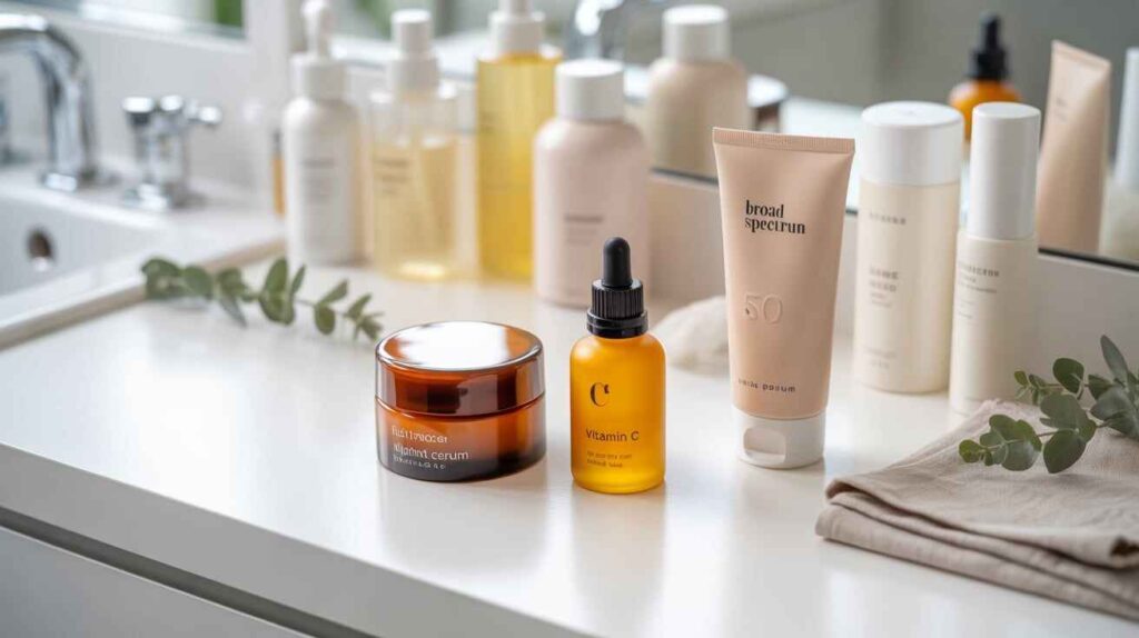 Dusky skin skincare routine flat-lay with morning and night products including cleanser, vitamin C, SPF 50, niacinamide serum, and nourishing cream.