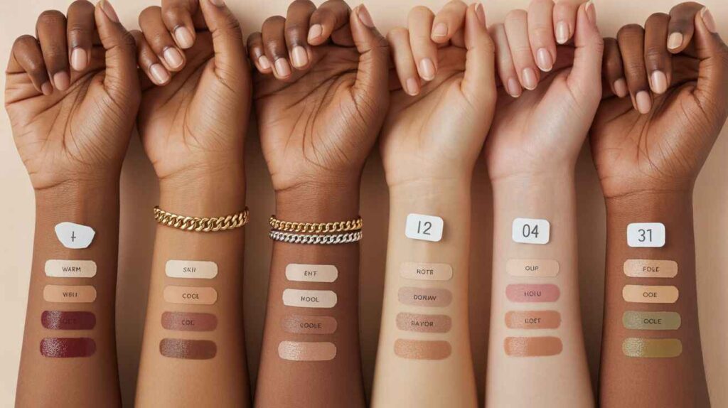 Dusky skin undertones guide showing warm, cool, neutral, and olive tones with jewelry, vein, and white-paper tests alongside matching makeup swatches.
