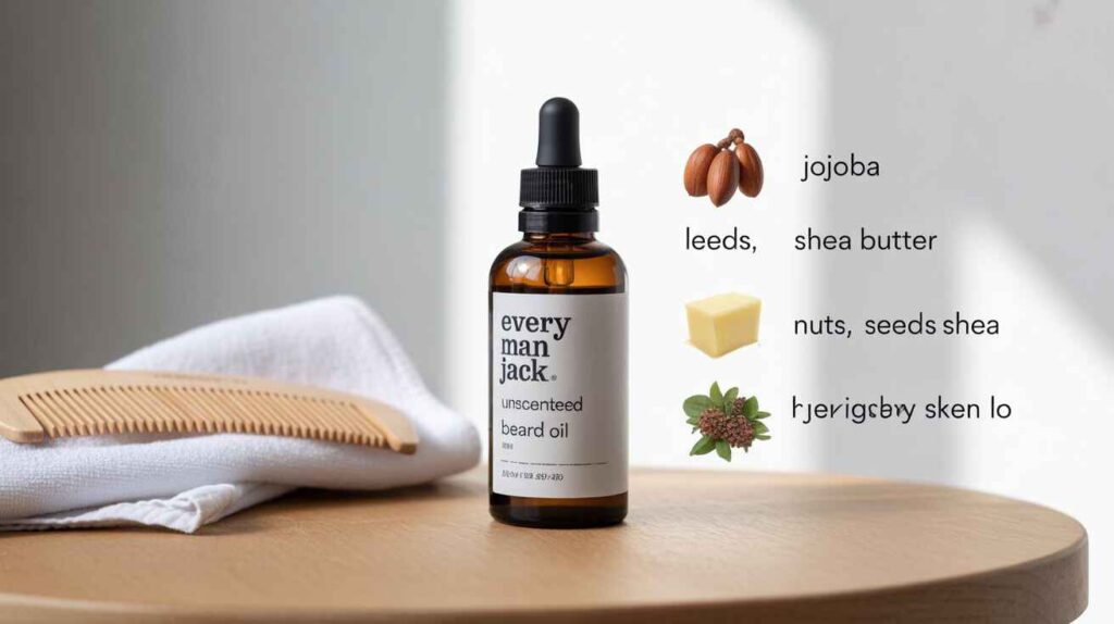 Every Man Jack Unscented Beard Oil with jojoba and shea butter, designed for sensitive skin to hydrate, reduce dandruff, and soothe irritation.