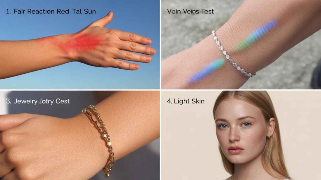 Infographic showing how to identify fair vs light skin using sun reaction, vein color, jewelry test, and visual complexion cues.