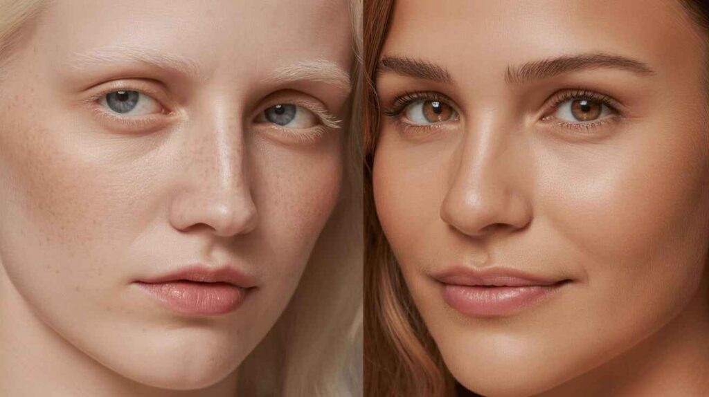 Side-by-side comparison of fair skin and light skin showing differences in melanin, sun sensitivity, and undertones.