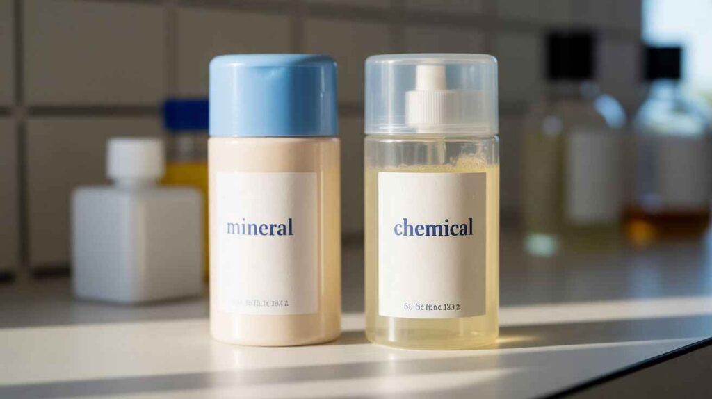 Comparison of mineral and chemical sunscreens for acne-prone and sensitive skin, highlighting zinc oxide, titanium dioxide, non-comedogenic formulas, and broad spectrum SPF