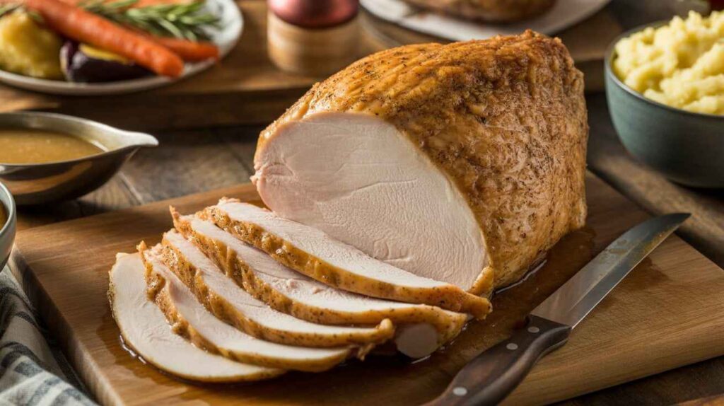 Roasted boneless skin-on turkey breast resting before carving, sliced against the grain, served with mashed potatoes, vegetables, and pan gravy.