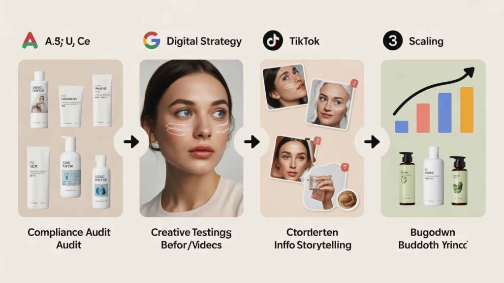 Step-by-step skincare advertising process showing compliance checks, digital strategy on Google and TikTok, creative testing, and data-driven campaign scaling.