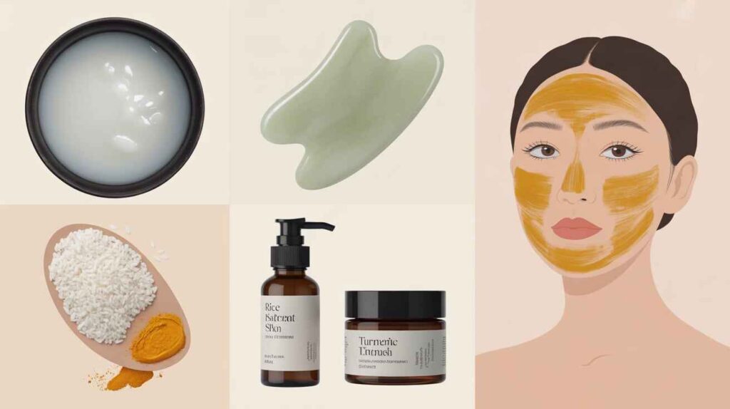 Infographic showing Asian beauty traditions like rice water, Gua Sha, and turmeric masks alongside modern skincare products such as rice extract serums and turmeric creams.
