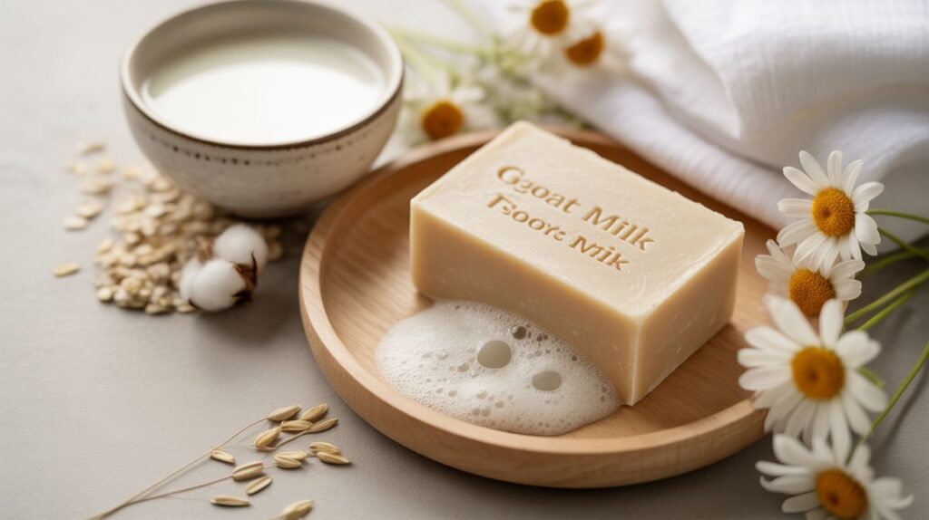 Goat milk soap and natural skincare setup with milk, oats, and chamomile representing soothing relief for eczema and psoriasis.