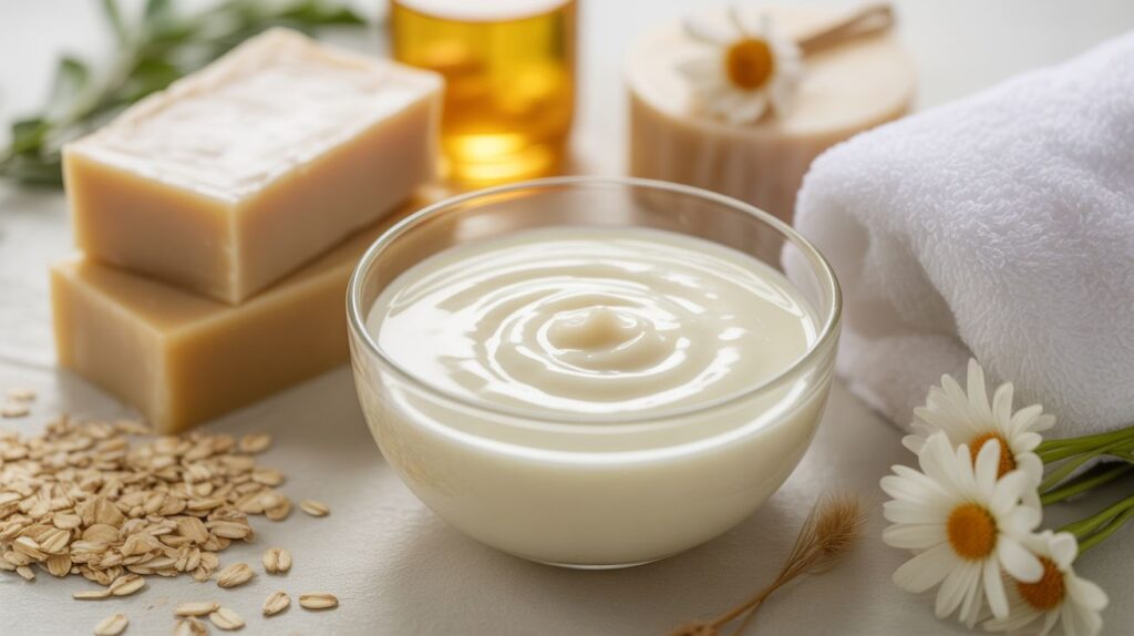 Goat milk skincare setup with milk, soap, and natural ingredients showing hydration and nourishment for soft, healthy skin.