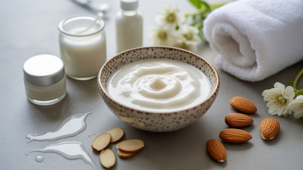 Goat milk skincare ingredients with milk, almonds, and serum drops symbolizing exfoliation, hydration, and skin barrier nourishment.