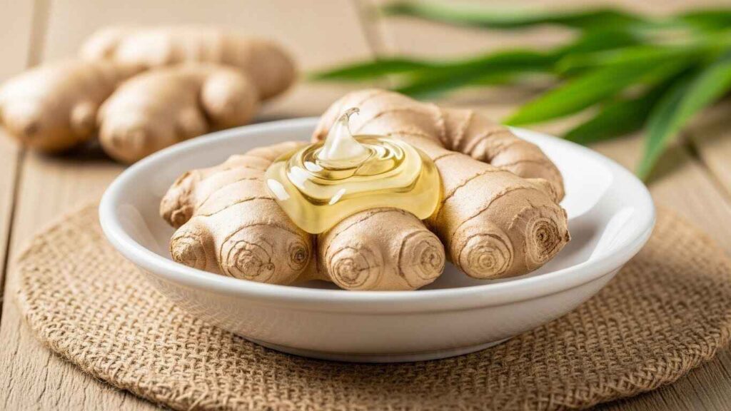 Ginger essential oil in a dropper bottle with fresh ginger roots, representing improved skin circulation and a natural glow for dull, tired-looking skin.