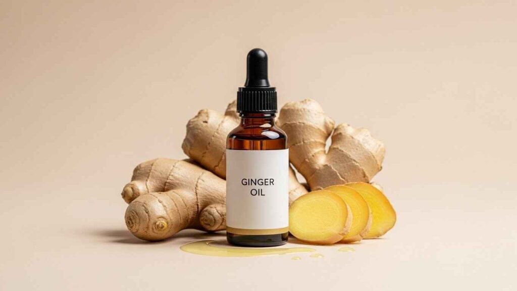 Ginger essential oil in an amber dropper bottle with fresh ginger roots, shown to represent its anti-inflammatory and calming benefits for sensitive, acne-prone skin.