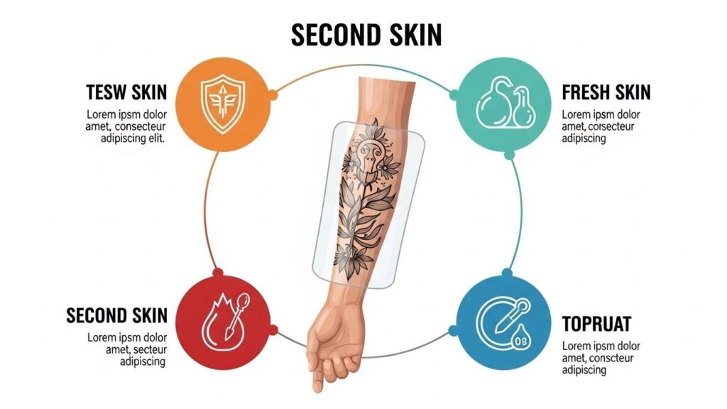 Tattoo protected with second skin bandage showing benefits like scab reduction, color preservation, and safe healing