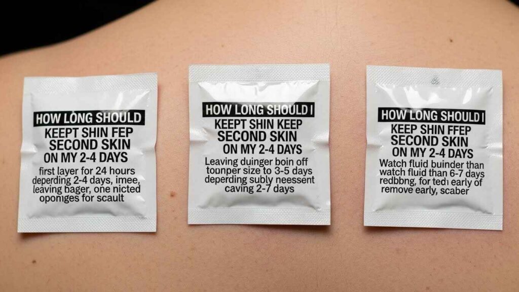 Diagram showing second skin tattoo timeline: first 24 hours layer, total 3–5 days, signs to remove early like redness or fluid buildup