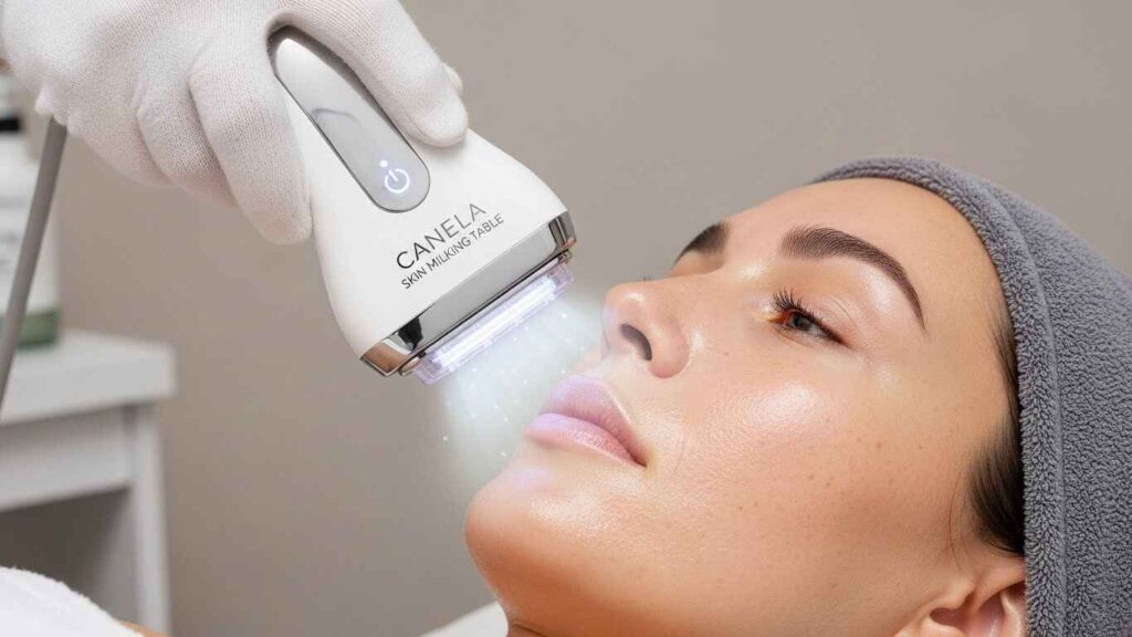 Canela Skin Milking Table using gentle skin stimulation and light therapy to support smoother, brighter-looking skin at home