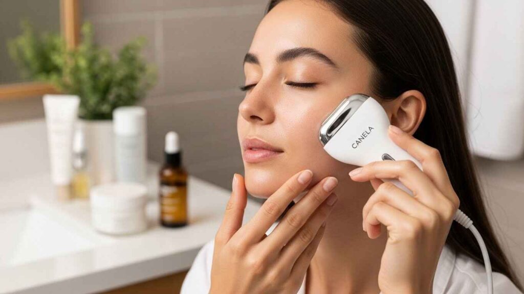 At-home use of Canela Skin Milking Table to support skincare routine, improve skin texture, hydration, and natural glow