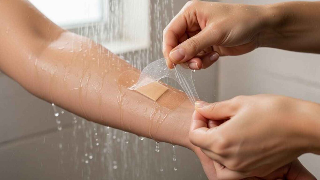 How to remove second skin from a tattoo safely after a warm shower, including washing, drying, and moisturizing steps