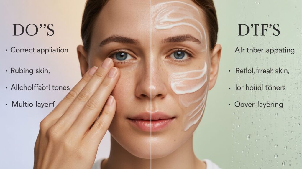 Split-frame image showing correct and incorrect application of the 7 skin method, highlighting gentle patting with hydrating toner versus rubbing, over-layering, and using alcohol-based toners.