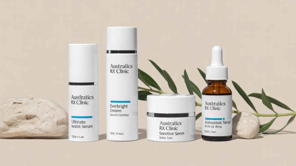 Aesthetics Rx skincare line from Australian Skin Clinic featuring Ultimate Serum, Everbright Creams, and Antioxidant Serum for hydration, brightening, and anti-aging, suitable for sensitive skin.