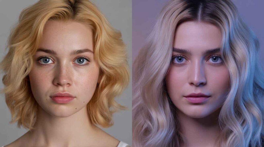 Comparison of wrong vs right hair colors for cool skin tone – golden blonde and copper making skin look sallow versus ash blonde, mushroom brown, icy platinum, and blue-black enhancing pink and blue undertones.