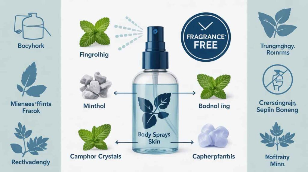 Graphic showing body spray ingredients for itchy skin including menthol, camphor for cooling, and fragrance-free options for sensitive skin
