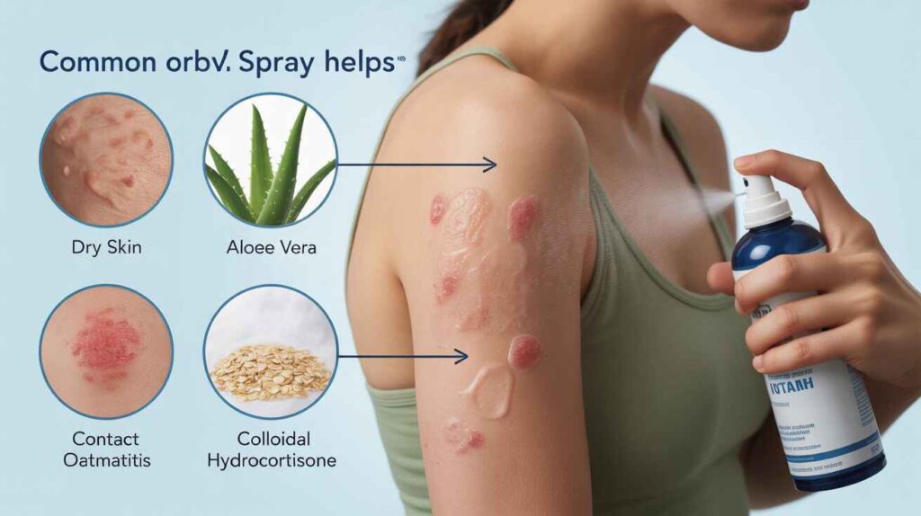 Illustration of dry skin, eczema, and contact dermatitis with body spray providing fast itch relief using aloe, oatmeal, and hydrocortisone