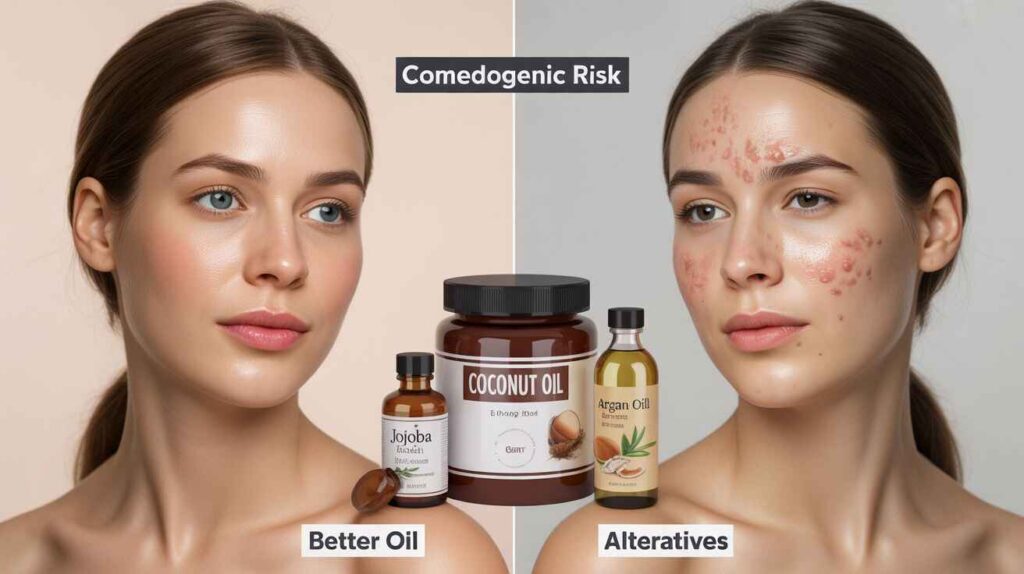 Coconut oil can clog pores and trigger breakouts in oily or acne-prone skin, while lighter oils like jojoba or argan are safer alternatives.
