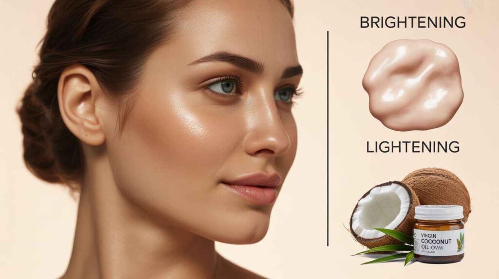 Coconut oil helps brighten skin by boosting hydration and glow but does not lighten or whiten by reducing melanin.