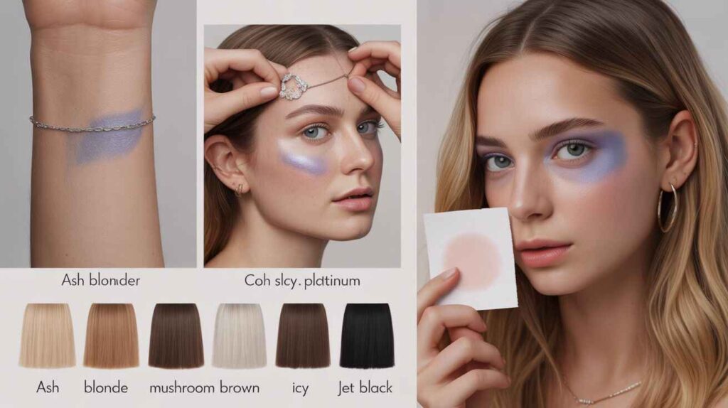 How to identify cool skin tone using veins, jewelry, and paper test with flattering hair colors like ash blonde, mushroom brown, icy platinum, and jet black.