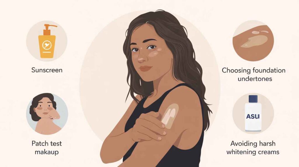 Skincare tips for Asian and dusky skin — apply sunscreen, patch test products, choose undertone-friendly makeup, and avoid harsh whitening creams.