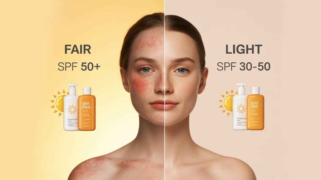 Skincare comparison of fair vs light skin – fair skin needs SPF 50+ to prevent redness and burns, while light skin benefits from SPF 30–50 to avoid tanning and hyperpigmentation.