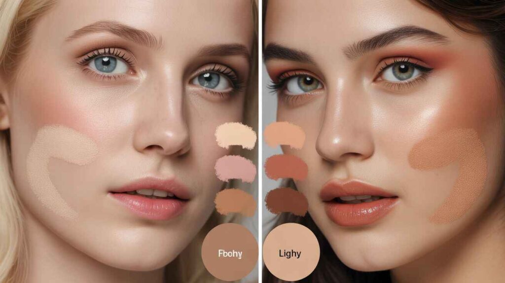 Makeup guide for fair vs light skin – ivory or porcelain foundation, soft pink blush, and berry lips for fair skin versus beige foundation, coral blush, and peach lips for light skin.