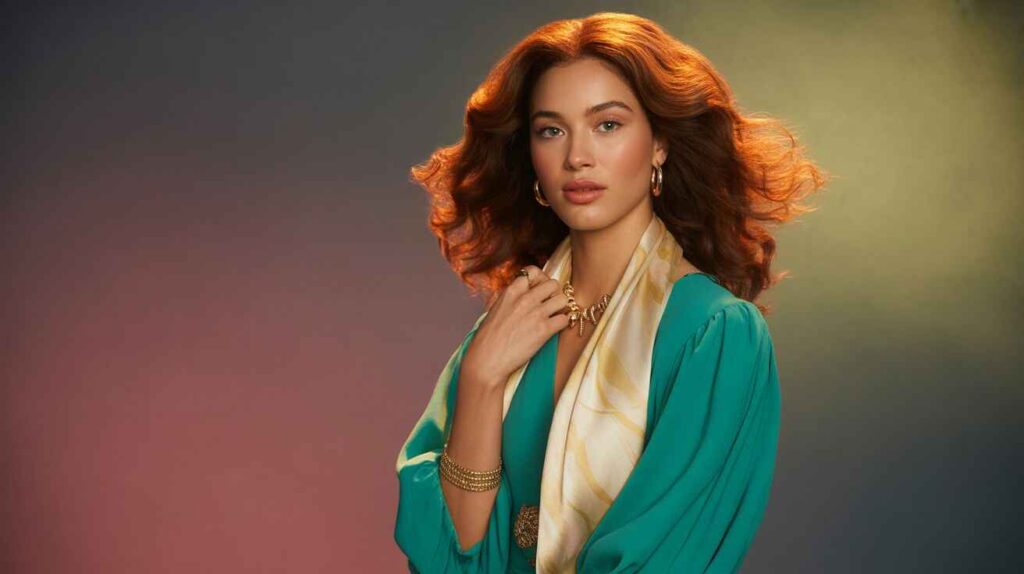 Elegant dusky-skinned woman in jewel-tone outfit with caramel-brown hair, styled for vibrant and flattering beauty.