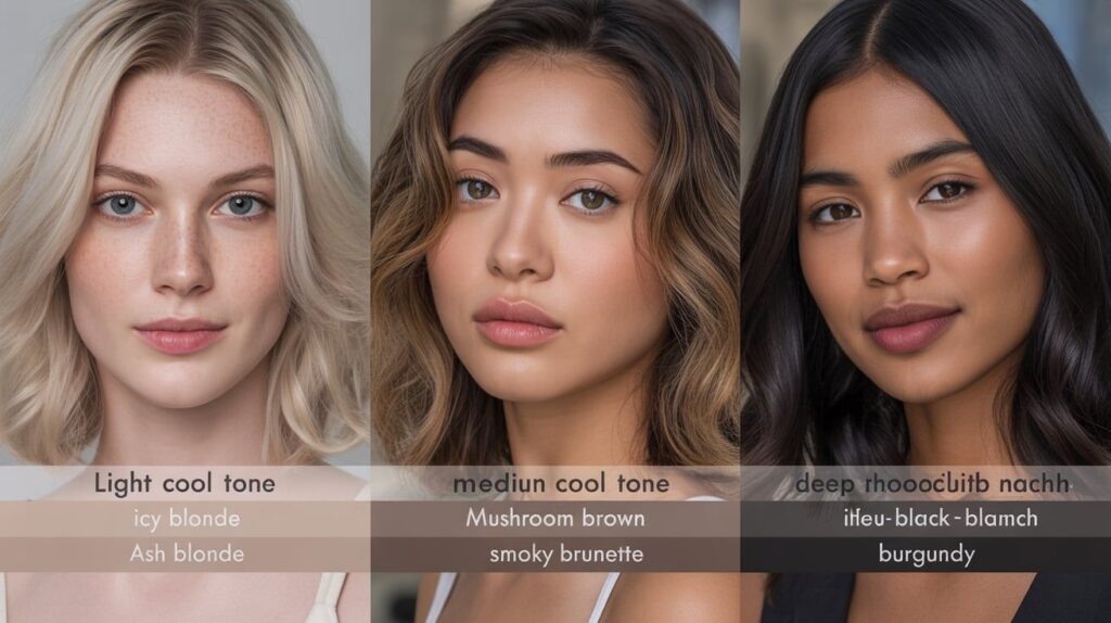 Best hair colors for cool skin tone by complexion – icy blonde for fair skin, mushroom brown for medium tones, and jet black, blue-black, or burgundy for deeper cool skin tones.