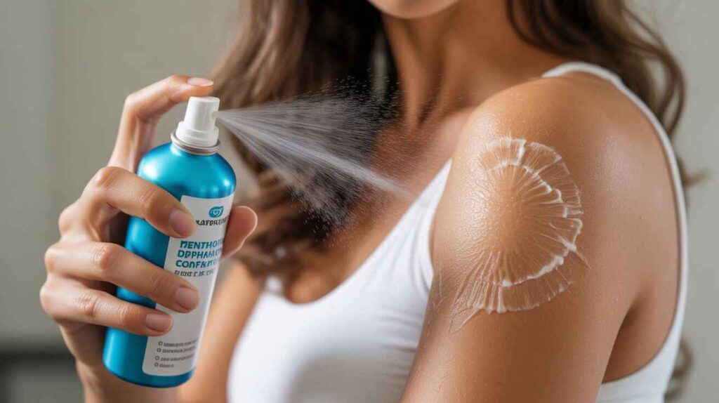 Illustration showing how body spray for itchy skin cools, reduces inflammation, and restores comfort with ingredients like menthol and hydrocortisone