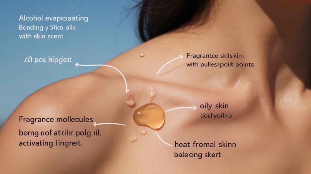 Diagram showing how perfume molecules bond with skin oils at pulse points and last longer on oily skin.