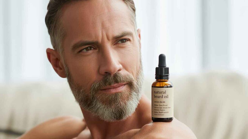 Man with a healthy, itch-free beard using hypoallergenic beard oil for sensitive skin, featuring natural ingredients like jojoba, shea butter, and argan oil.