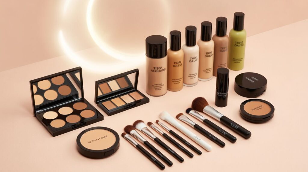 Makeup essentials for dusky skin tones with foundation undertones, concealers, and tinted powders to enhance natural beauty.